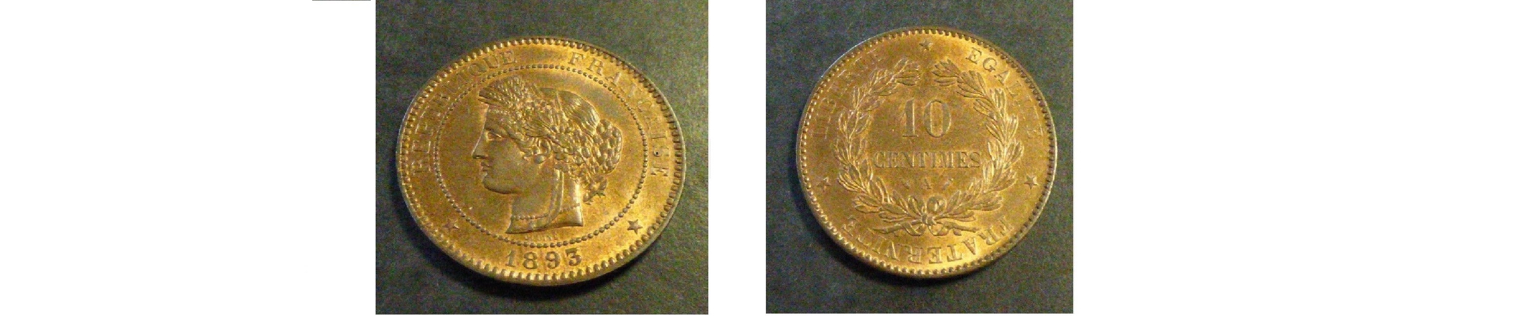 France 10 centimes 1893 Bronze 10g (SUP+/XF+/VZ+)